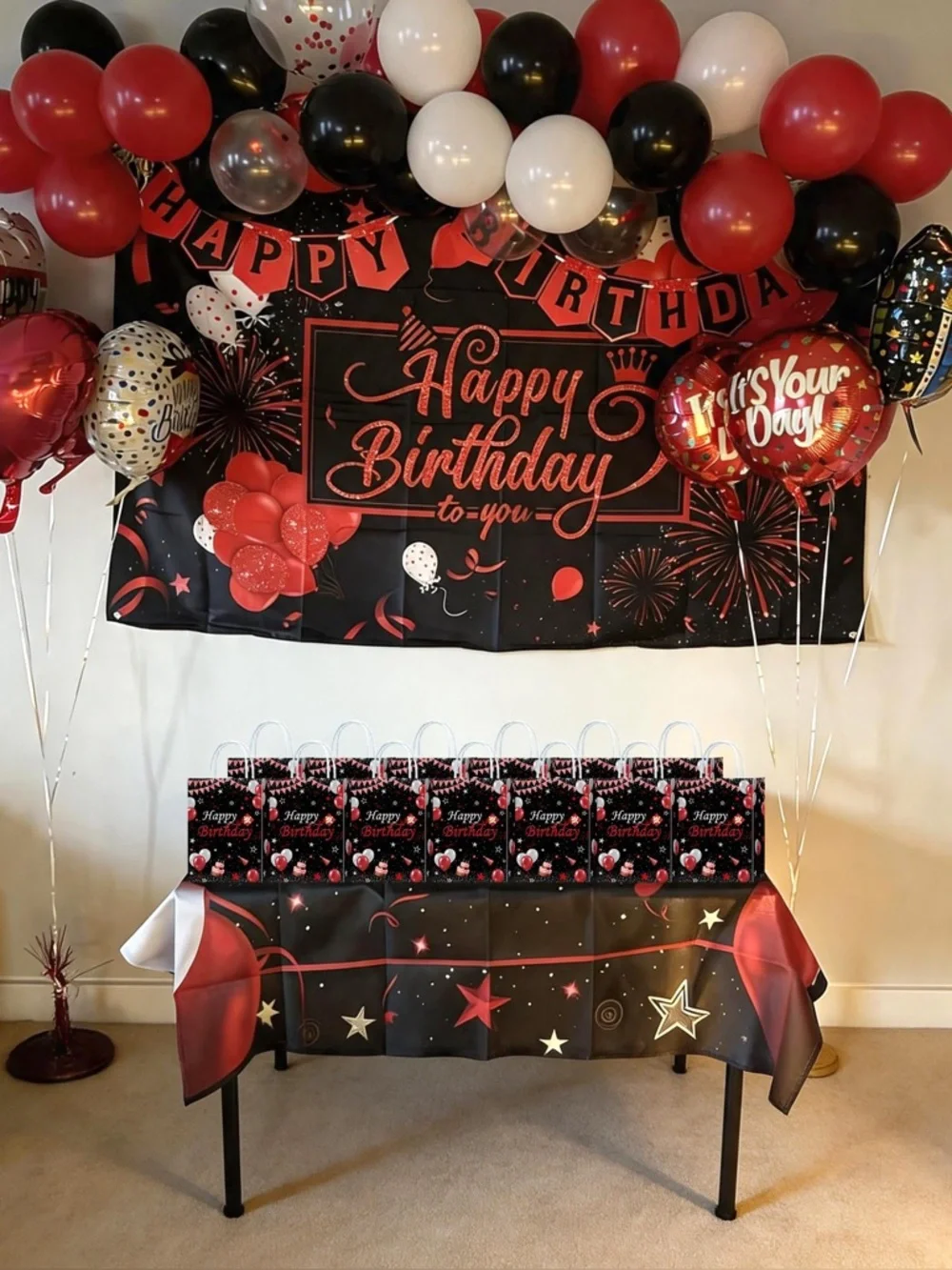 Happy Birthday Gift Bags - Black with Red & Silver Balloons